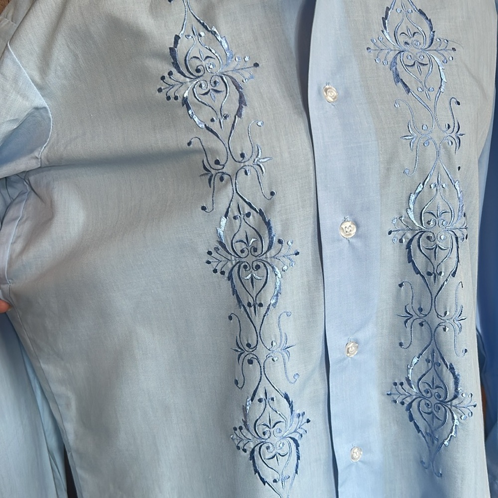 Vintage Light Blue Embroidered Dagger Collar Shirt M - Picture 4 of 7